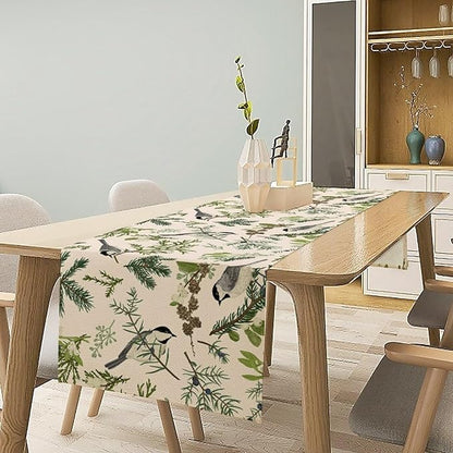 Bird Spring Table Runner,Vintage Watercolor Perching Birds Green Pine Branches Table Runner for Kitchen Dining Table Holiday Indoor Outdoor Home Party Decor 13x70in