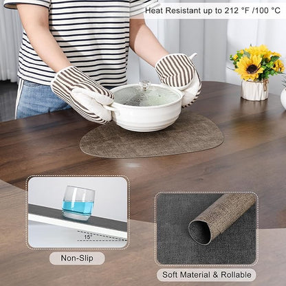 Placemats and Coasters, Washable Reversible Placemats Round Faux Leather Wipeable Place Mats Non Slip Heat Resistant Indoor Outdoor Table Mats (Set of 6, Gray Brown)