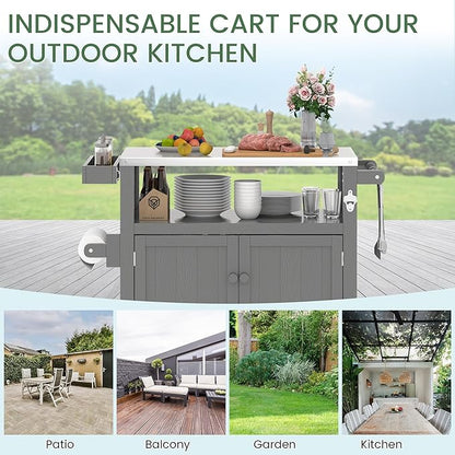Weatherproof HIPS Outdoor Kitchen Island with Stainless Steel Top & Storage Cabinet, Movable Prep Table with Wheels for BBQ Food Prep, Outdoor Grill Cart for Parties, Grey
