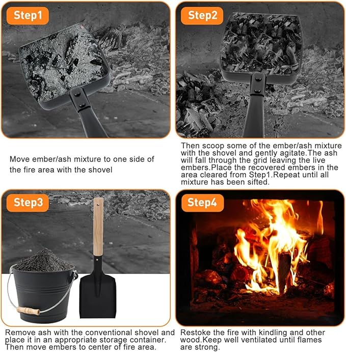 Hollow Out Fireplace Ash Sifter, Hollow Out Fireplace Shovel Metal Coal Ash, Resistant Fireplace Scoop Charcoal Shovel Fireplace Tools, Adhesive Hook for Wood Stove Indoor Fireplace Fire Pit