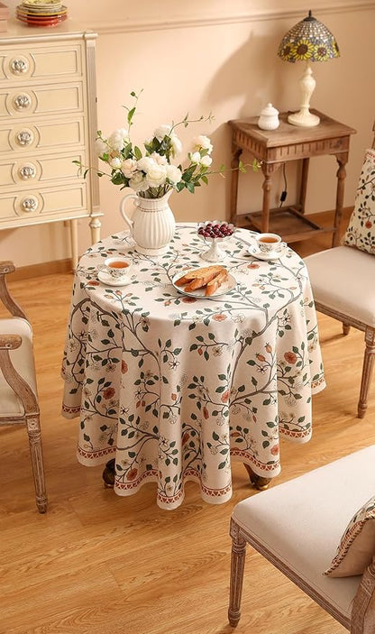 ISAENNE Designer Floral Round Tablecloth,French Linen Light Beige Indoor Table Cloth,Fall Wrinkle Resistant Decor Tablecloths for Dining Thanksgiving Kitchen Party,Diameter 67"-Flora A