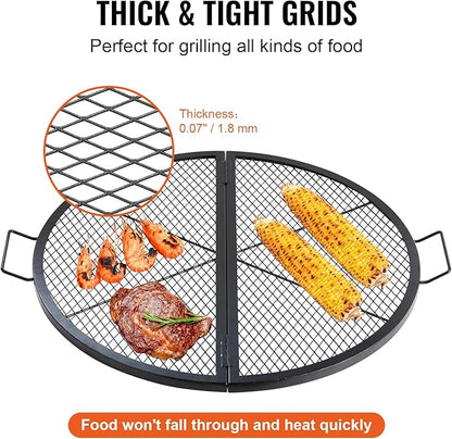 VEVOR X-Marks Fire Pit Grill Grate, Foldable Round Cooking Grate, Heavy Duty Steel Campfire BBQ Grill Grid with Handle and Support X Wire, Portable Camping Cookware for Outside Party, 36 Inch Black