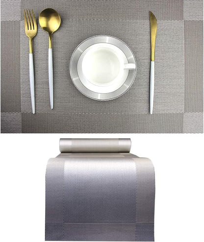 PIGCHCY Elegant Placemats with Matching Table Runner,Washable Placemats Crosswoven Vinyl Table mats Sets(6pcs Round Placemats+1pcs Table Runner,Grey Silver)