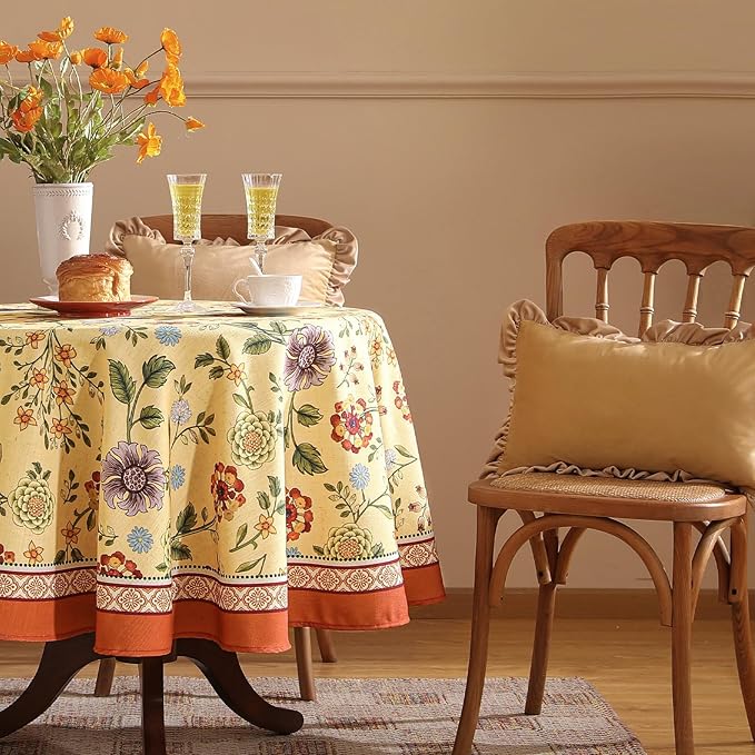 Vintage Linen Small Tablecloth for Round Table,Yellow Floral French Wrinkle Free Tablecloths,Decorative Table Cover for Kitchen,Dining,Thanksgiving,Farmhouse,Diameter 55"-Bellano
