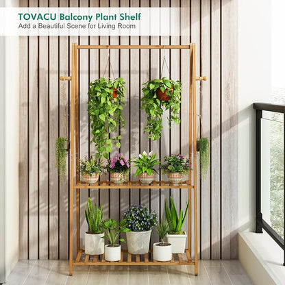 Hanging Plant Shelf Indoor Outdoor Bamboo Wood Plant Flower Stands | 2 Tiered - Image 3