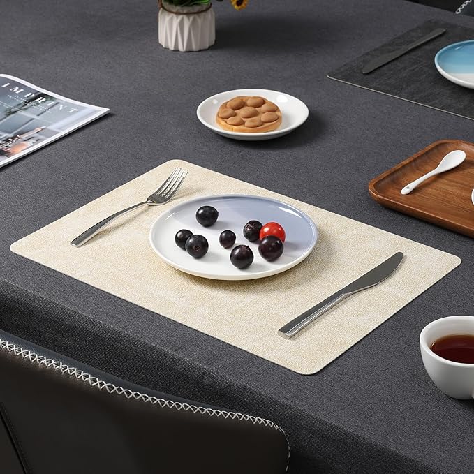 Myir JUN Placemats Set of 8, Dual Sided Faux Leather Placemats Place Mats Set of 8 Indoor for Dining Table Non-Slip Washable Heat Resistant Outdoor Table Mats (Set of 8, Gray Cream)