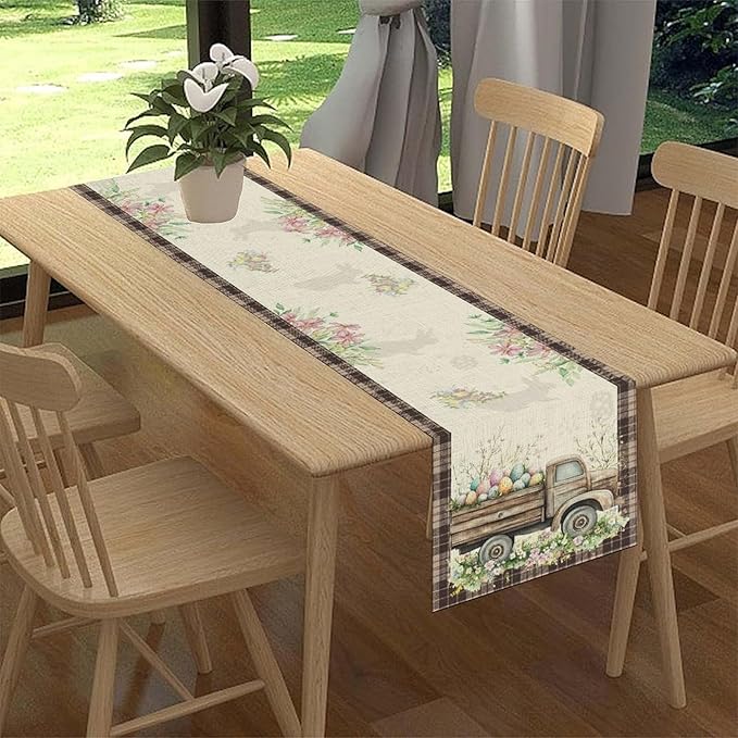 Easter Truck Table Runner,Rustic Brown Plaid Eggs Floral Bunny Spring Summer Holiday Table Center Decor for Family Kitchen and Living Room Outdoor Farmhouse Party Table Decorations, 13"x72"