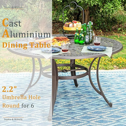 Sophia & William Outdoor Dining Table 6-Person Round Cast Aluminium, Patio Bistro Table with 2.2" Umbrella Hole for Porch Backyard, Bronze