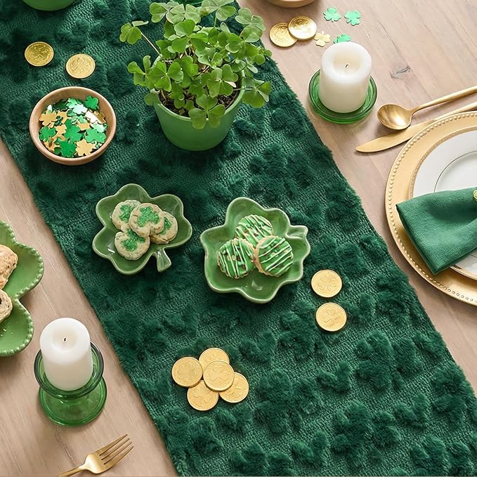 Artoid Mode Green Soft Plush Faux Fur Jacquard Heart Clover St. Patrick's Day Table Runner, Seasonal Kitchen Dining Table Decoration for Home Party Decor 13x48 Inch