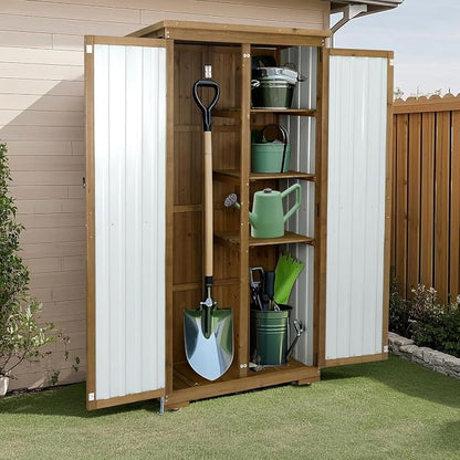 Outdoor Storage Cabinet with Shelf, Wood & Metal Storage Shed with Waterproof - Image 7