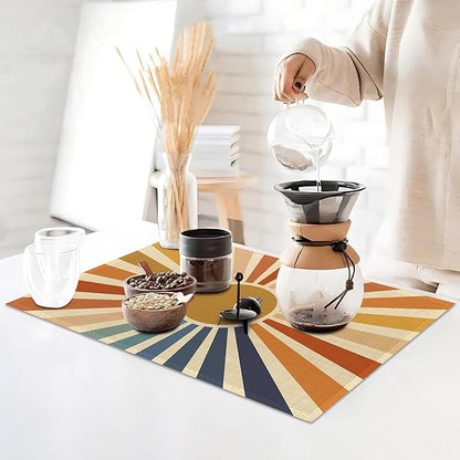 Placemats Set of 6,Vintage Boho Sun Table Mats,Sunrise Sunshine Washable Linen Table Mats,Non-Slip Heat Resistant Placemats for Party Kitchen Dining Indoor Outdoor 12"x18"