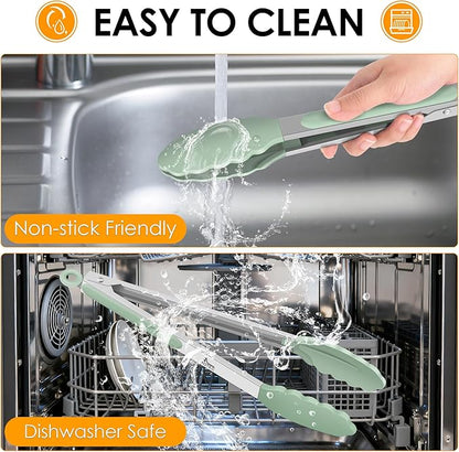 Hotec Premium Stainless Steel Locking Kitchen Tongs with Silicon Tips, Set of 2-9" and 12" Light Green