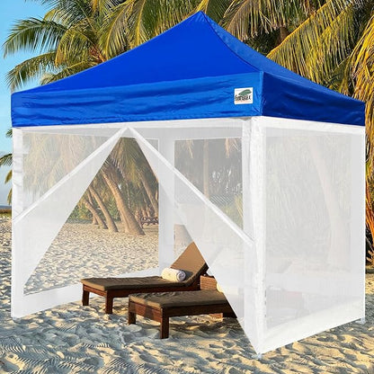 Eurmax USA 10'x10' Pop-up Canopy Tent Commercial Instant Canopies with 4 Removable Zipper End Screen Wall kit and Roller Bag, Bonus 4 SandBags(Blue)