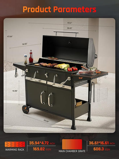 NATURAL EXPRESSIONS Charcoal Grills BBQ grill,36 in Large Smoker Grill with Dual-Zone Lifting Trays,Portable Charcoal Grill with Foldable Side Tables,Large Outdoor Grill for Camping,BBQ,Party,Picnic