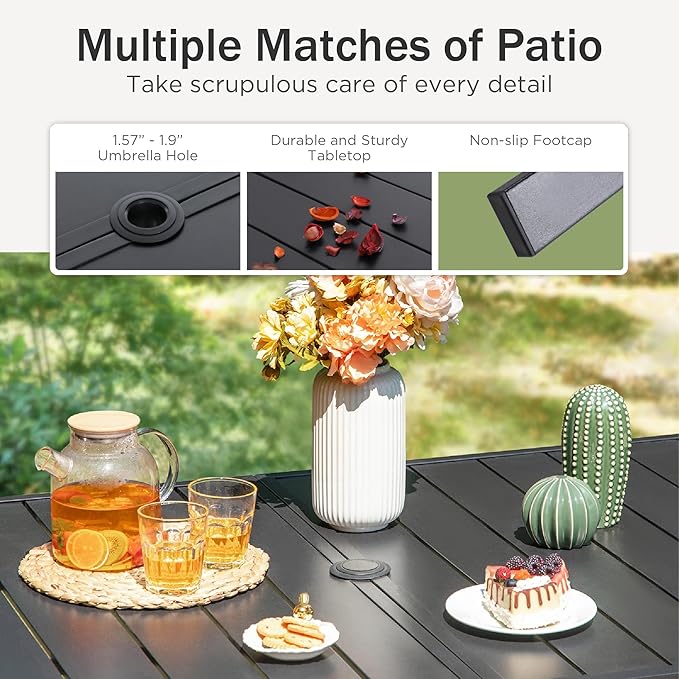 PHI VILLA Outdoor Dining Set for 6, Outdoor Table and Chairs Set for 6, 4 Extra Large Dining Chairs & 2 Swivel Chairs, Rectangular Metal Slat Dining Table for Deck, Backyard and Garden