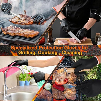 BBQ Gloves for Cooking Baking Grilling, 100 Count Disposable Nitrile Gloves and 4 Count Cotton Glove Liners Washable (6mil Nitrile, Large)
