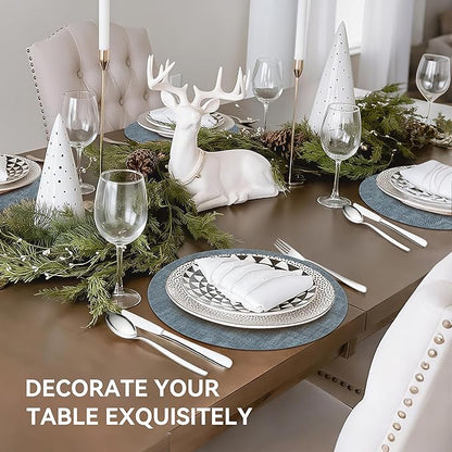 13" Round Placemats Set of 12, Reversible Faux Leather Heat Resistant Table Mats, 100% Waterproof Oilproof Wipeable Table Protective Placemats for Vinyl, Washable for Indoor (12, Light Blue)
