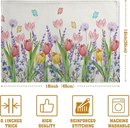 Tulip Placemats Set of 4 Spring Summer Flowers Tulips Lavender Place Mats Watercolor Floral Dandelion Butterfly Non-Slip Heat Resistant Washable Linen Table Mats for Dining Table Kitchen Decor