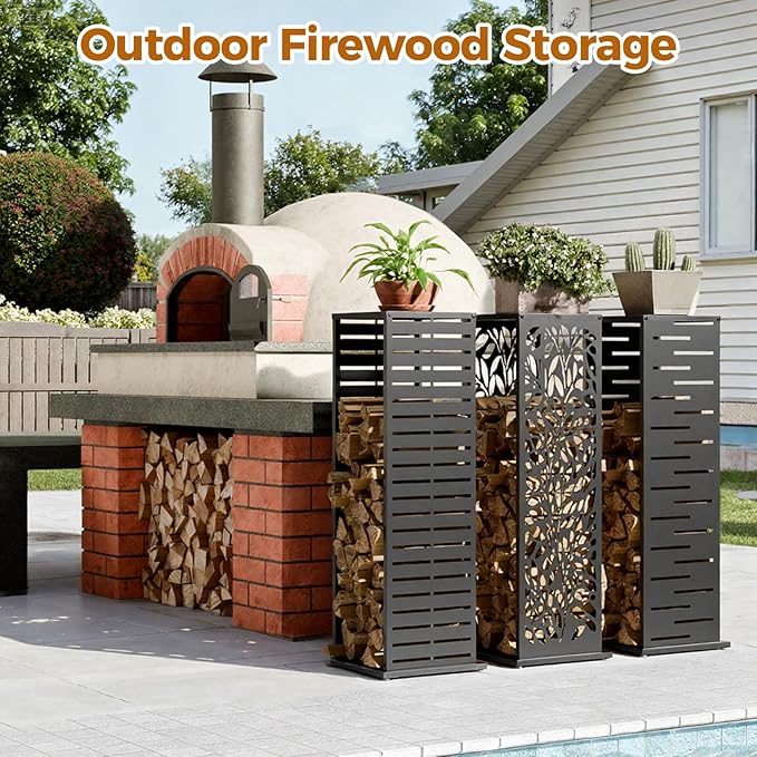 4ft Firewood Rack with Parallel Louver Pattern, Fire Wood Holder Log Storage Rack with Hooks Adjustable Feet, Firewood Stacker for Outdoor Indoor Pergola Gazebo Patio Balcony Black