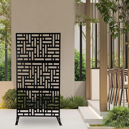 Privacy Screen, 35.4" W x 74.4" H Metal Outdoor Decorative Privacy Screen Outdoor Freestanding Divider with Stand Black for Patio Garden Balcony Backyard