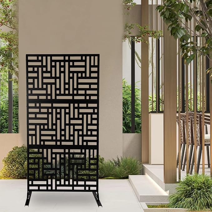 Outdoor Metal Privacy Screen with Stand, 35.4" W x 75" H Freestanding Metal Slatted Decorative Privacy Screen and Panels for Patio Garden Balcony Porch (Black A)