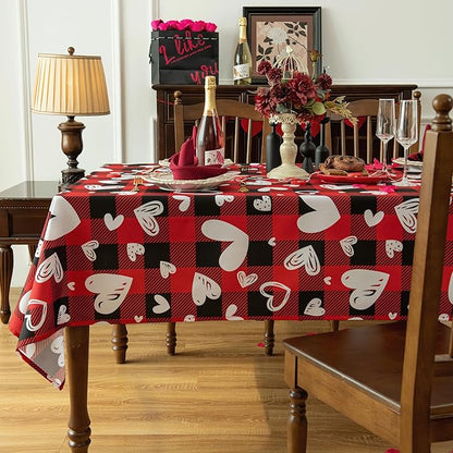 Valentine's Day Tablecloth Fabric - Oblong 58x120 Water Resistant Love Themed Plaid Table Cloth for Indoor/Outdoor Use - Love Heart Romantic Gifts Perfect for Birthday, Picnics, Parties