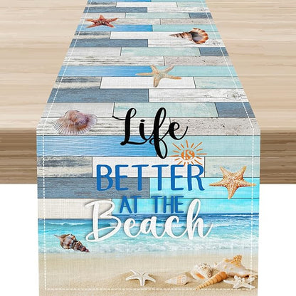 Summer Beach Table Runner, Nautical Starfish Seashell Ocean Retro Wooden Plank Coffee Table Center Decor for Home Kitchen Dining Patio Holiday Party Table Decorations 13"x108"
