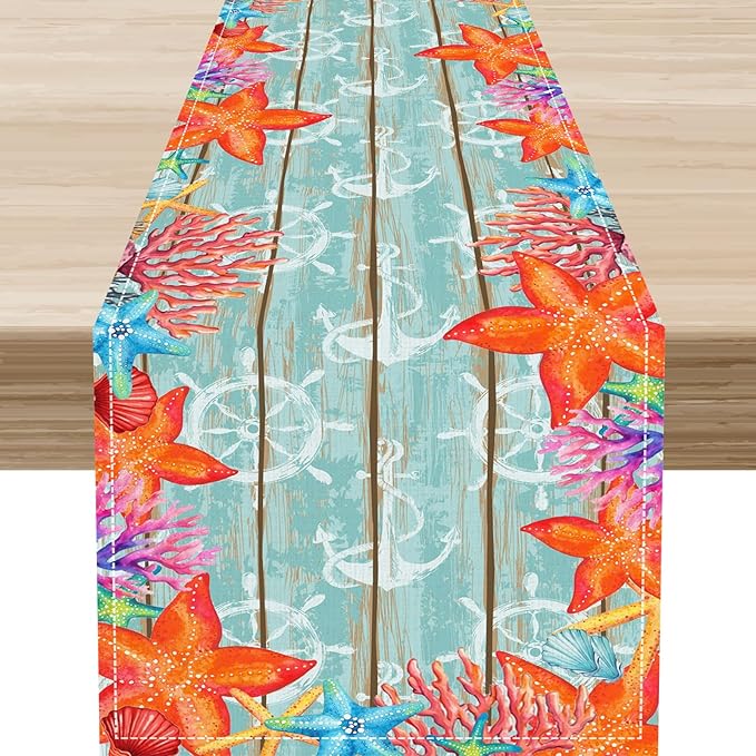 Blue Starfish Table Runner,Nautical Beach Wooden Ocean Table Runner Seasonal Holiday Home Kitchen Dining Table for Home Party Decor 13"x90"