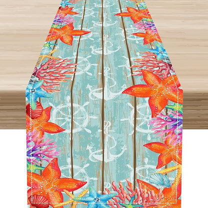 Blue Starfish Table Runner,Nautical Beach Wooden Ocean Table Runner Seasonal Holiday Home Kitchen Dining Table for Home Party Decor 13"x36"