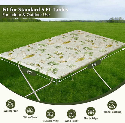 Rectangle Picnic Table Cloth, Elastic Waterproof Fitted Vinyl Tablecloths for 5 Foot Tables, Wipeable Flannel Backed Table Covers for Dining, Camping, Outdoor(Magpie,36"x60")