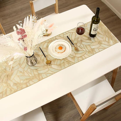 FAVE Gold Table Runner 72 inches Long Heat Resistant Hallowed-Out Vinyl Waterproof Washable Dinning Runner for Wedding, Banquet, Birthday, Party, Restaurant(Gold Rectangle)