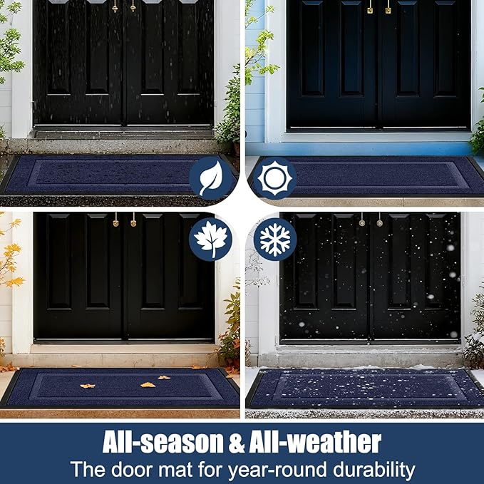 Extra Large Front Door Mat Outside Entrance Indoor Doormat, 60" x 34" Outdoor Mats for Patio Waterproof, Outdoor Door Mats for Outside Entry, Indoor Rugs for Entryway, Sturdy Natural Rubber, Blue