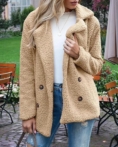 Women's Winter Warm Plush Cardigan Fuzzy Fleece Lapel Jacket with Buttons Pockets Long Sleeve Casual Outerwear