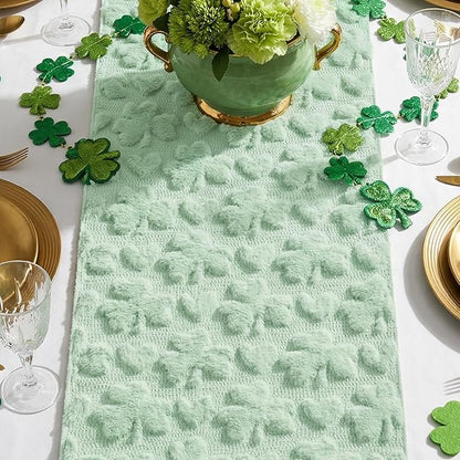 Artoid Mode Sage Green Soft Plush Faux Fur Jacquard Heart Clover St. Patrick's Day Table Runner, Seasonal Kitchen Dining Table Decoration for Home Party Decor 13x36 Inch