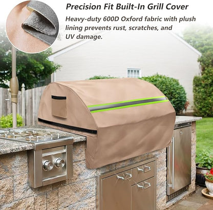 Built in Grill Cover for Blaze Premium LTE 32-Inch - Heavy Duty 600D Waterproof with Reflective Strips and Plush Lining, Universal 4-Burner Gas Grill Protector,Khaki