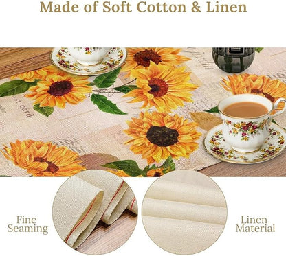 Retro Sunflower Table Runner, Vintage Newspaper Sunflower Blossoms Rustic Farmhouse Flower Table Cover for Kitchen Dinning Party Holidays Decor, 13x60inch