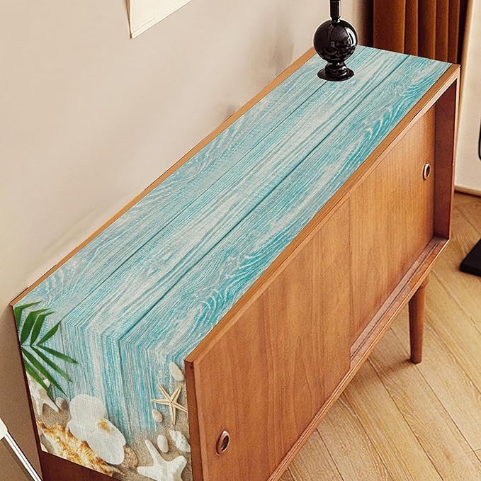 Blue Wooden Starfish Table Runner, Turquoise Tropical Summer Sandy Ocean Beach Coffee Table Center Deco, for Kitchen Family Festival Farmhouse Party and Living Room Table Decorations, 13" X 108"