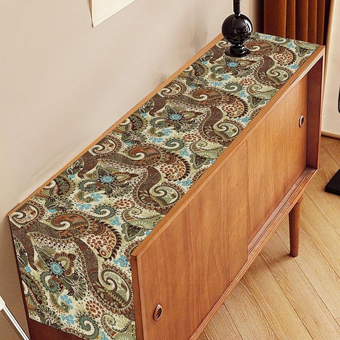 Brown Paisley Table Runner, Rustic Damask Antique Floral Flower Retro Boho Swirled Pattern Vintage Coffee Table Center Decor for Family Kitchen and Living Room Outdoor Table Decorations, 13"x90"