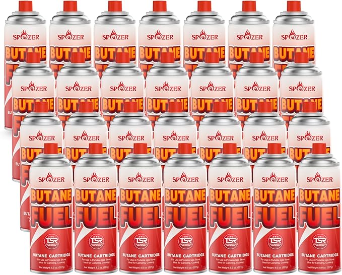 Butane Fuel Canister, 8oz (227g) Butane Refill with TSR Safety Valve, for Camping Stoves, Kitchen Torch, BBQ, 28 PCS