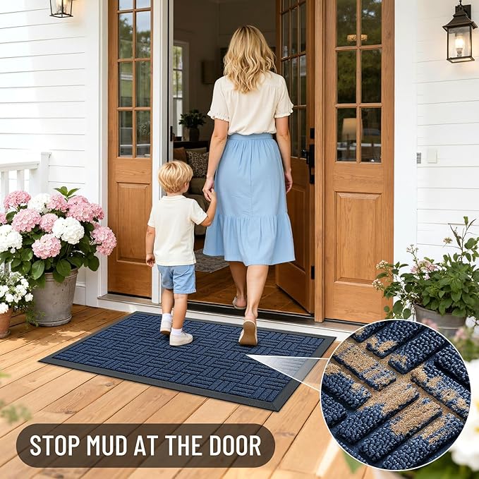 OLANLY Front Door Mat Outside Entrance 47x17, Absorbent, Heavy Duty Sturdy Natural Rubber Doormat Indoor Outdoor, Non-Slip, Stain and Fade Resistant, Low Profile Floor Mat for Entryway, Navy Blue