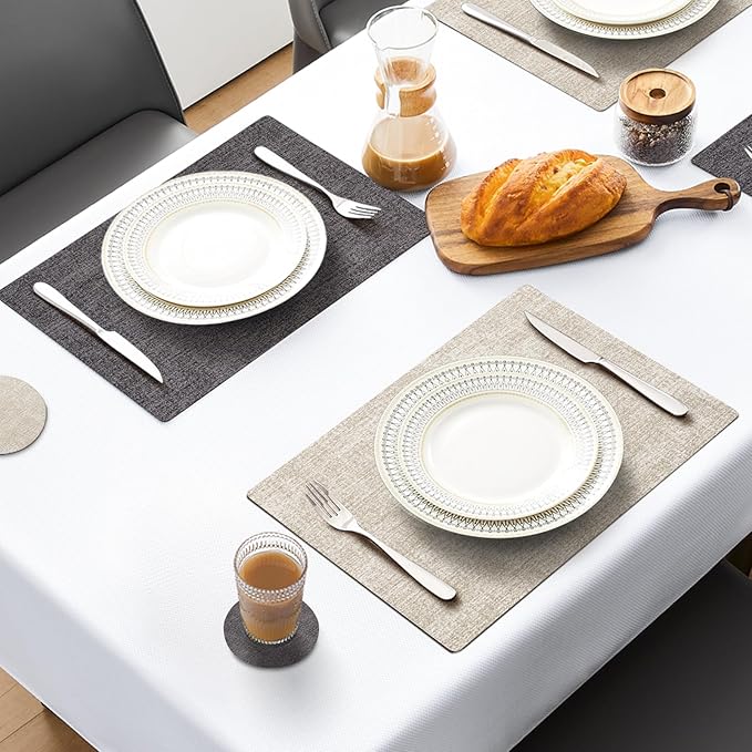 MOSAYT Faux Leather Placemats Set of 12, Heat Resistant Vinyl Place Mats with Coasters, Wipeable Washable 100% Waterproof Oil Proof Table Mats for Kitchen Dining Indoor Outdoor, 12" x 17", Grey Beige