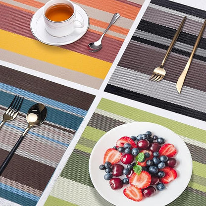 Set of 6 Colorful Striped Vinyl Placemats Heat-Resistant Washable Placemats Non-Slip Woven Table Mats Wipeable Placemat for Kitchen Dining Table Decoration Indoor Outdoor (Black&Grey)