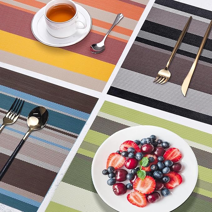 Set of 6 Colorful Striped Vinyl Placemats Heat-Resistant Washable Placemats Non-Slip Woven Table Mats Wipeable Placemat for Kitchen Dining Table Decoration Indoor Outdoor (Blue&Brown)