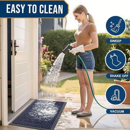 Smiry Front Door Mat Outside Entrance, Heavy Duty Sturdy Natural Rubber Doormat, Trap Dirt and Moisture, Easy Clean Low Profile Mats for Indoor Outdoor Entry, Irregular Triangle (59x35, Navy Blue)