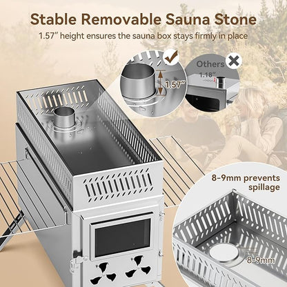 Sauna Hot Tent Stove, Rocket Camping Wood Burning Stove with 8 Stainless Chimney Pipes, Portable Folding Wood Stove for Tent, Outdoor Heating, Cooking, Ice Fishing, Hunting