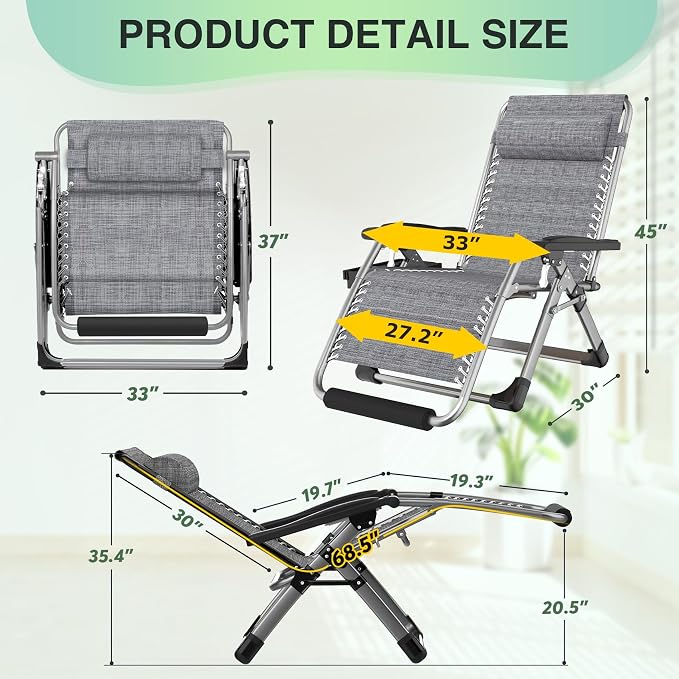 Suteck Oversized Zero Gravity Chair, 500LBS 33In XXL Outdoor Recliner Chairs | - Image 2