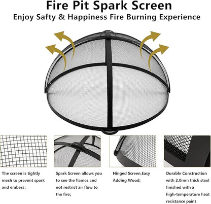 40In Round Fire Pit Spark Screen Cover, Outdoor Patio Easy-Opening Fire Pits Mesh Screen, Heavy Duty Steel Firepit Ember Lid with Hinge