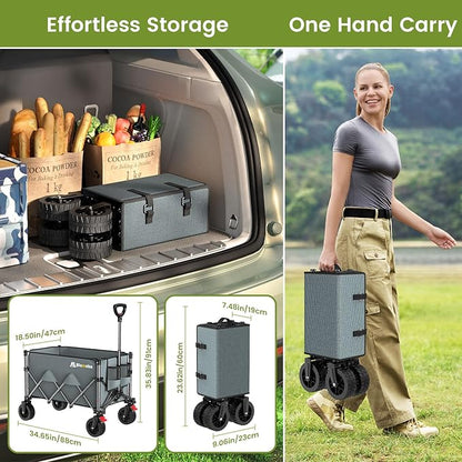 Collapsible Wagon Cart, 150L Heavy Duty Foldable Beach Wagon with Wider Wheels & Auto-Rebound Handle, Utility Grocery Shopping Cart for Garden, Shopping, Camping, Sports, Gray