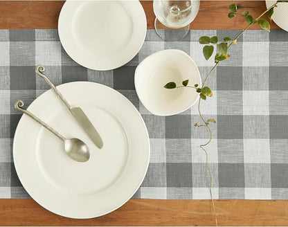 Solino Home Linen Buffalo Plaid Table Runner 60 Inches - 100% Pure Linen Grey and White Checkered Table Runner 14 x 60 Inch Ideal for Dresser and Coffee Tables - Halloween, Thanksgiving, Christmas