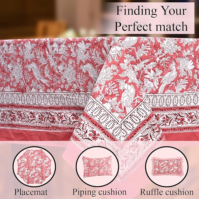 CPC Tablecloth 100% Cotton 72x190 Inch Indian Block Print Rectangle Table Cover, Pink Table Cloth for Weddings, Spring/Summer, Barbeque - Pink Coral